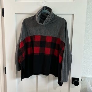 Heimish USA Women's S Cowlneck Slouchy Pullover Gray Black Red Buffalo Check Top